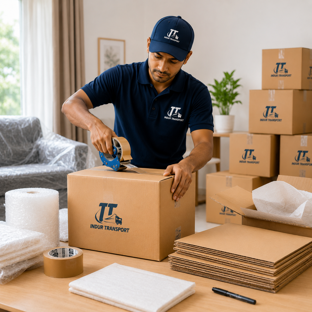 Boxes, tape and bubble wrap ready for packing